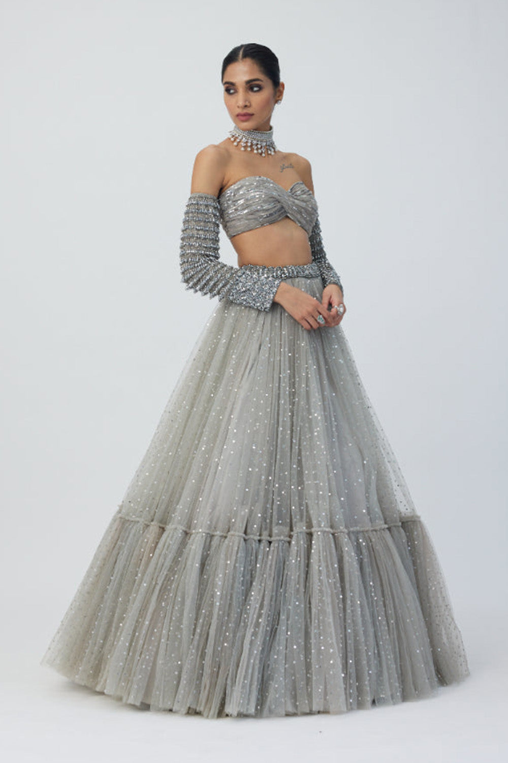 Crystal Grey Tulle Lehenga Set