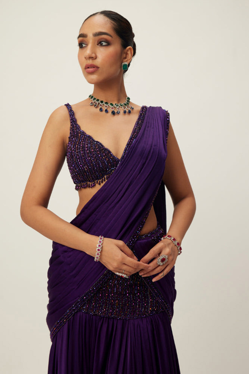 Royalty Purple Pre Draped Crystal beaded Saree Set