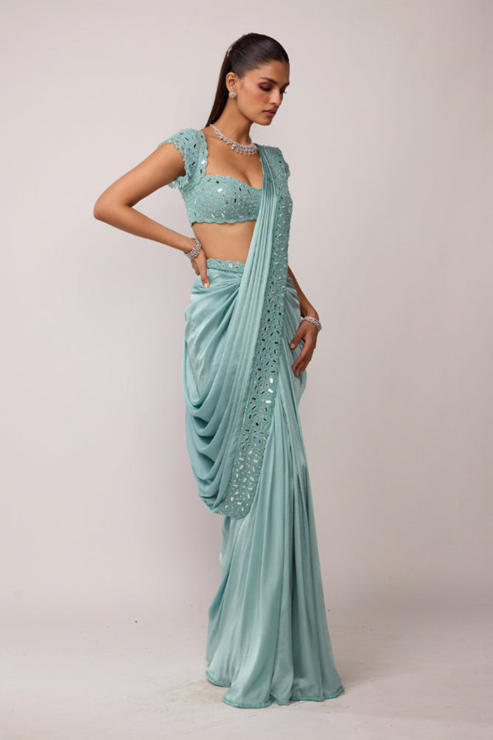 Powder Blue Draped Saree Set