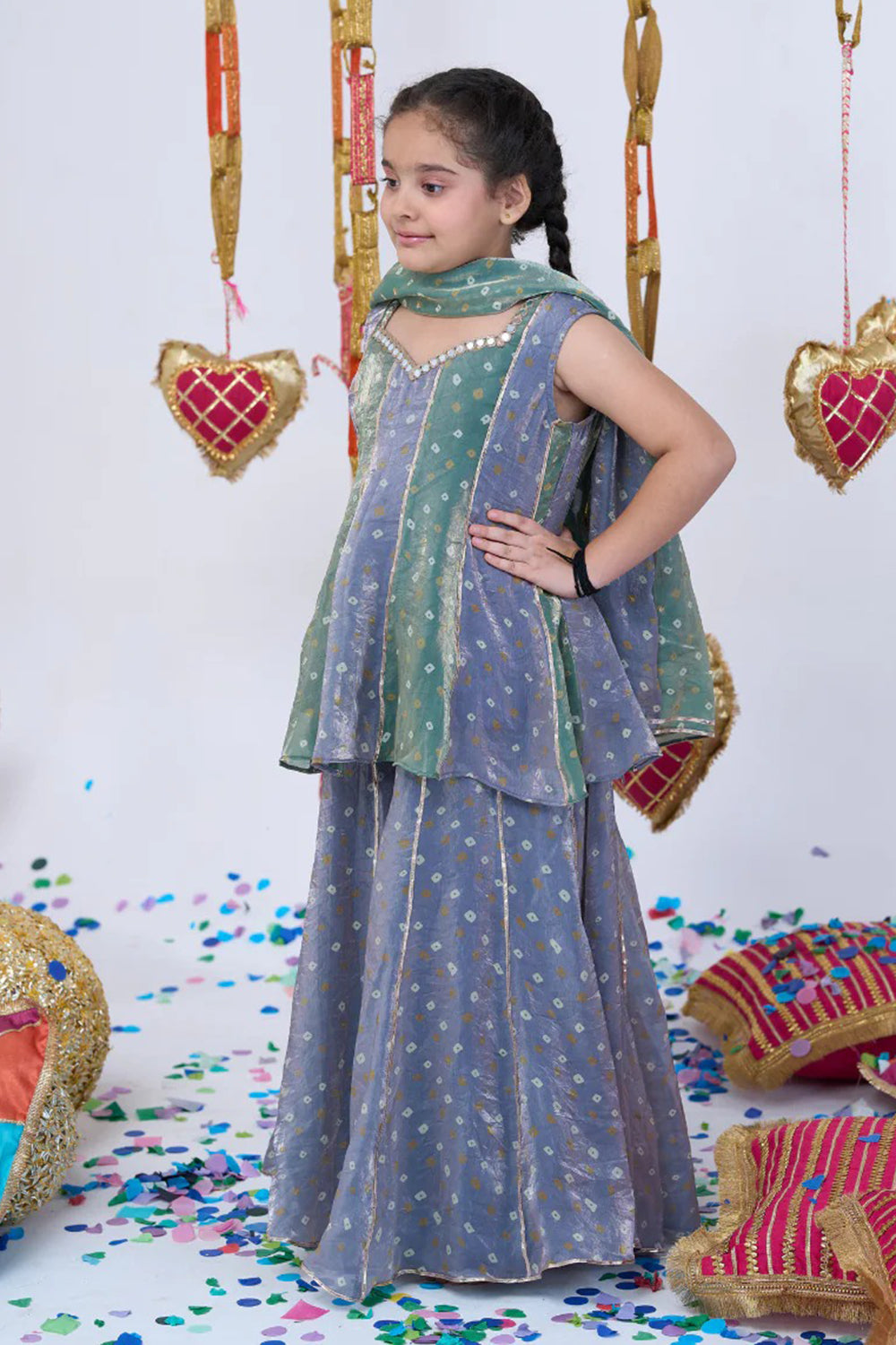 GREEN AND GREY BANDHANI SHARARA