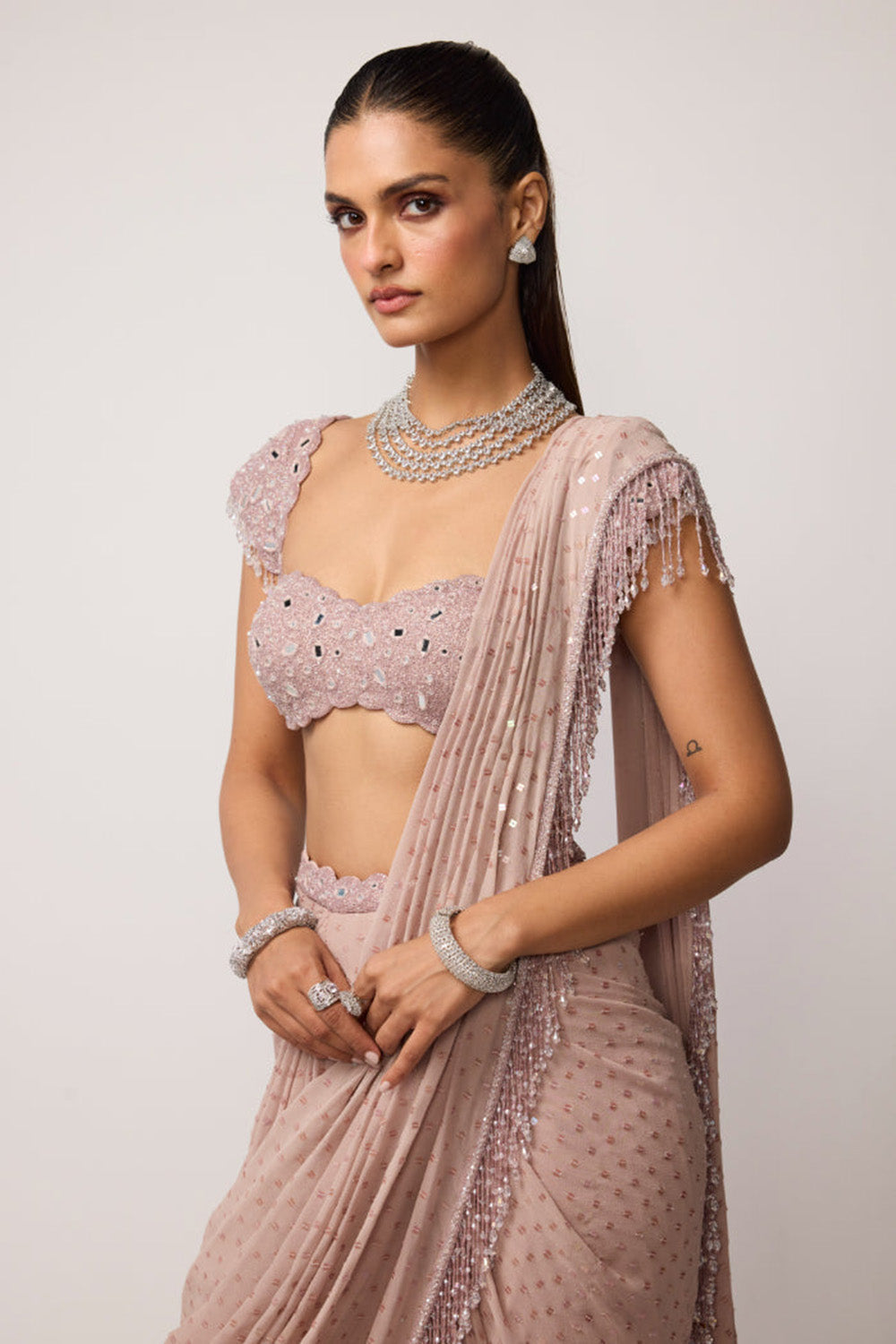 Ash Pink Sequins Embroidered Draped Saree Set