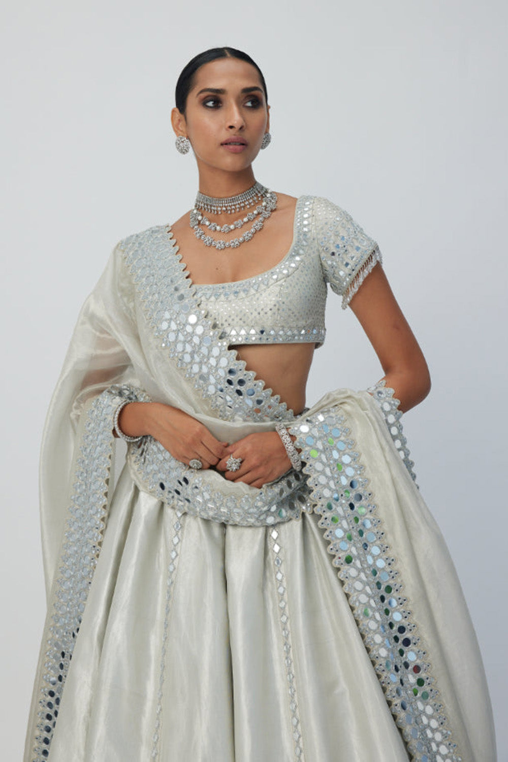 Silver Shimmer Organza Linear Lehenga Set