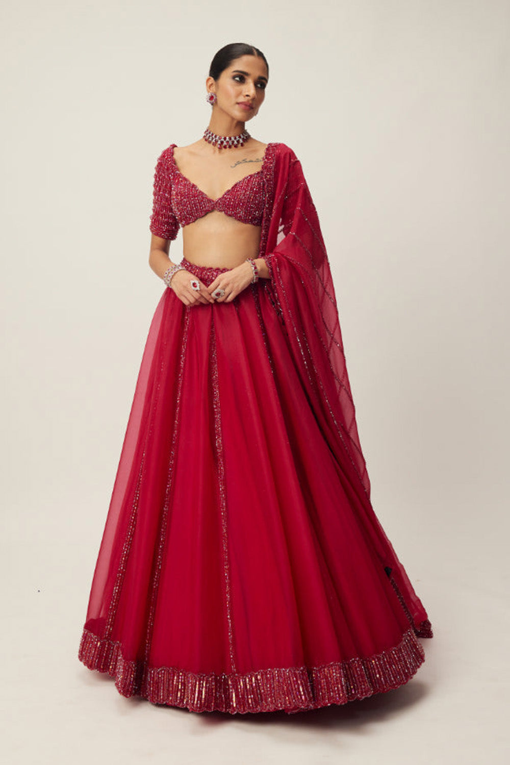Ruby Red Organza Lehenga set