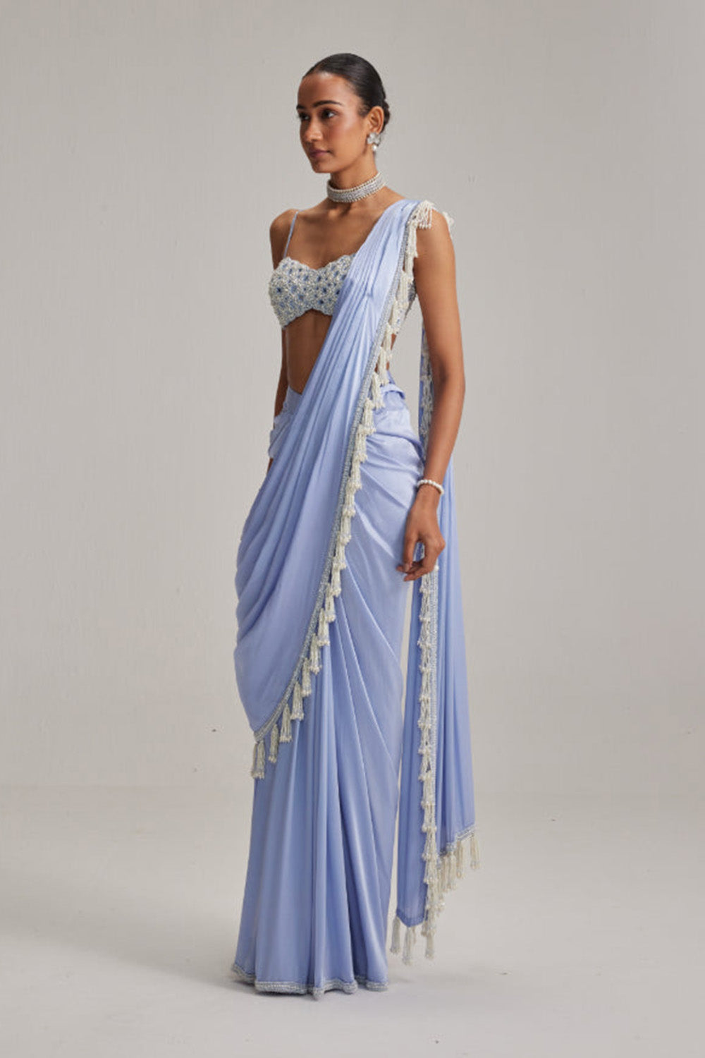 Dew Blue Satin Draped Saree Set