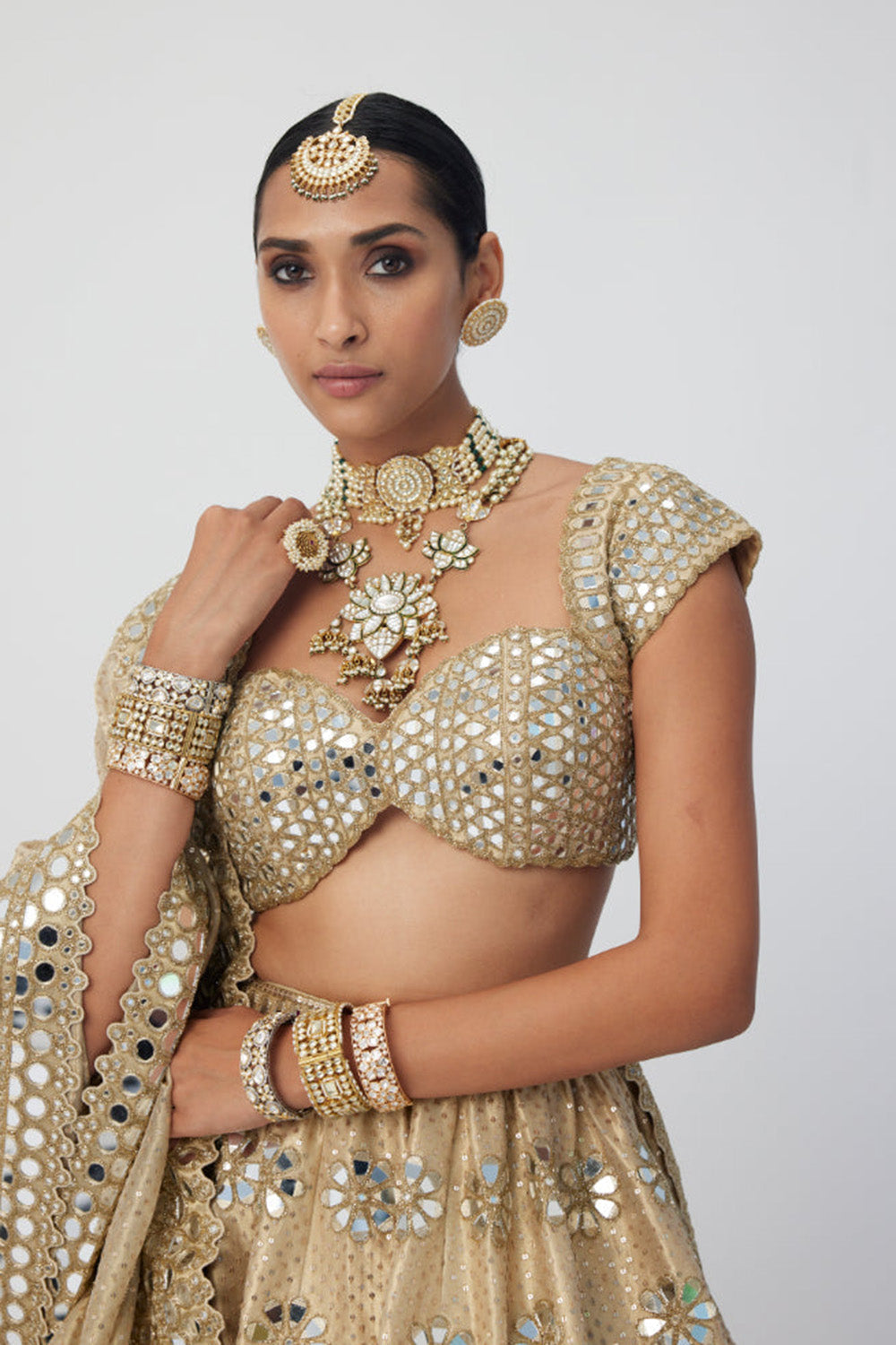 Golden Shimmer Organza Flower Lehenga Set