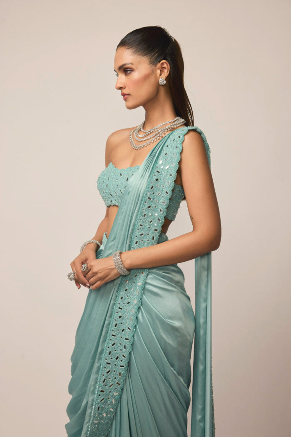 Powder Blue Satin Draped Saree Set