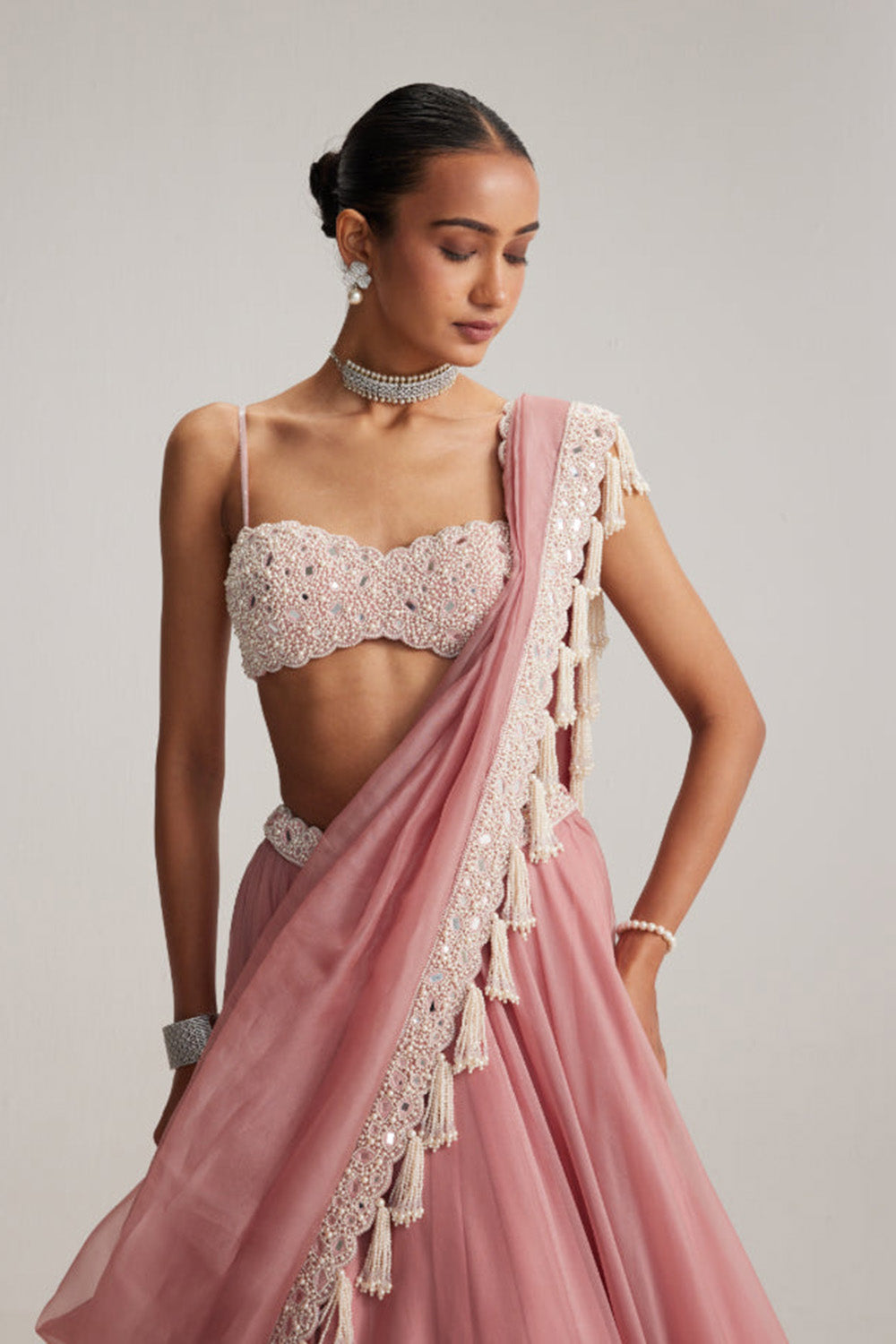 Dusty Rose Organza mirror and pearl lehenga set