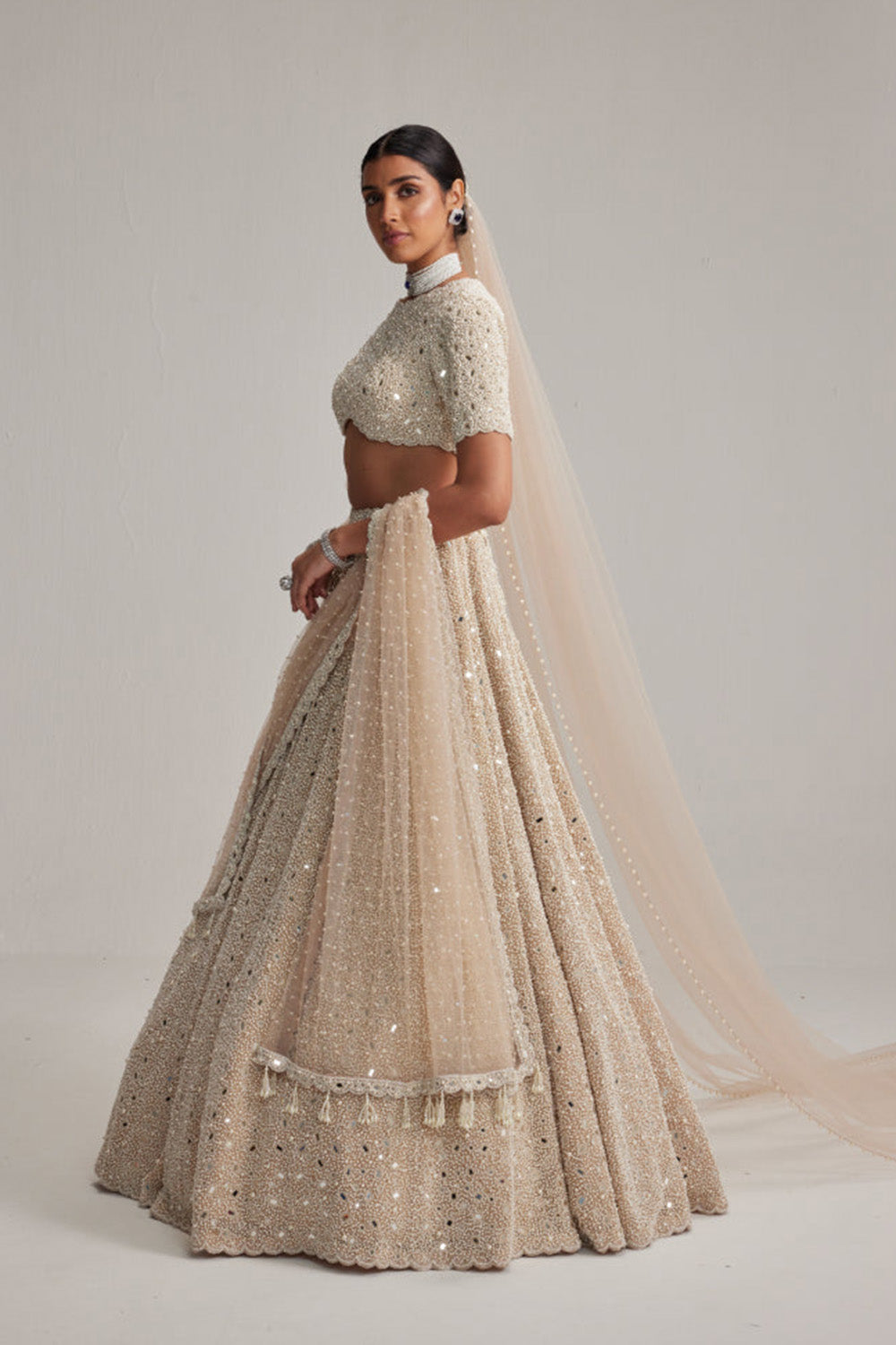 Light Beige Dense Pearl and mirror Lehenga Set with High Neck Blouse, Double Dupatta and Veil