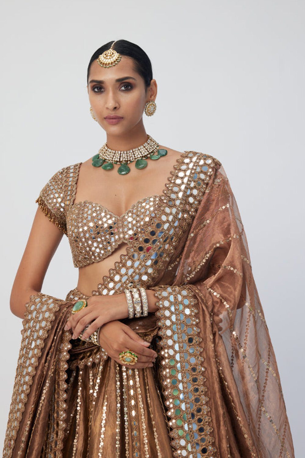 Copper Shimmer Organza Linear Lehenga Set