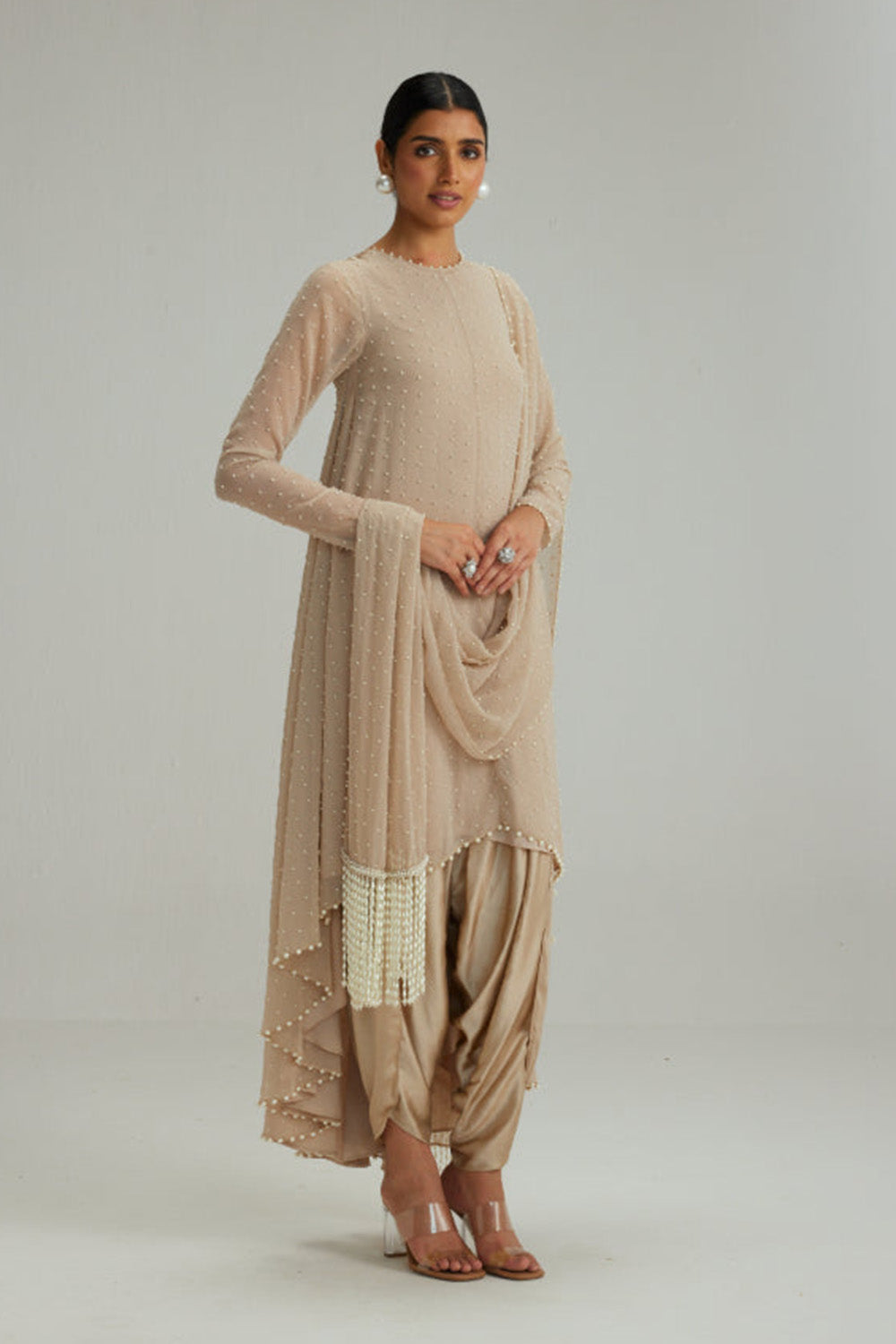 Light Beige pearl Kurta With Stole Set