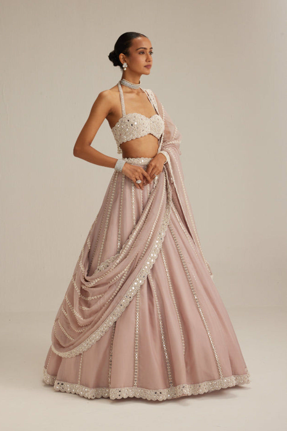 Ash Pink linear embroidered Organza Lehenga Set