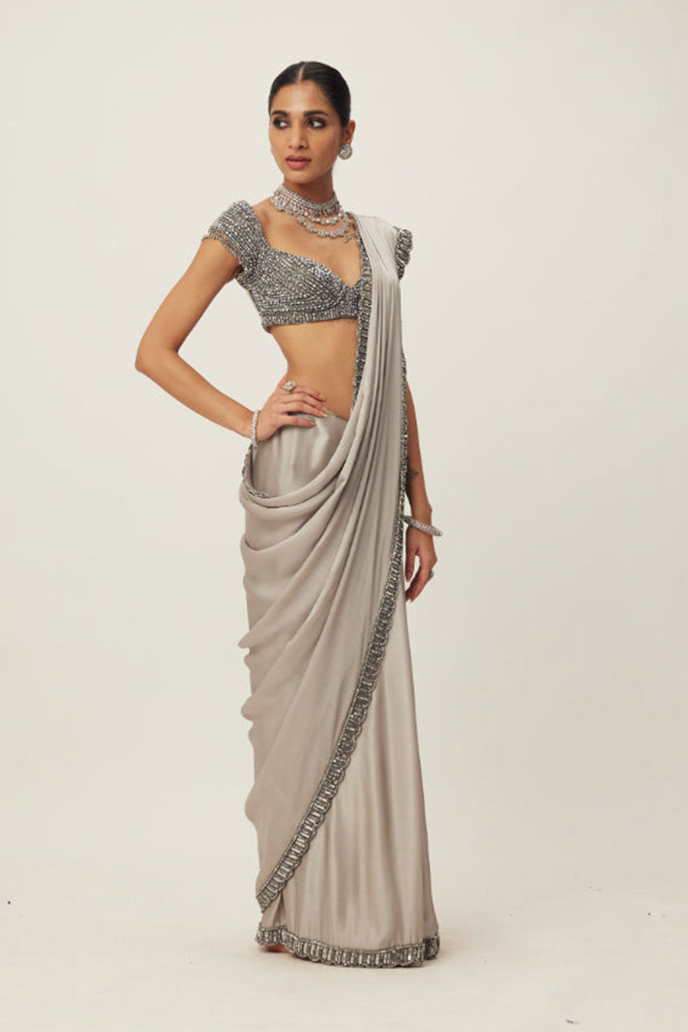 Crystal Grey Satin Saree Set