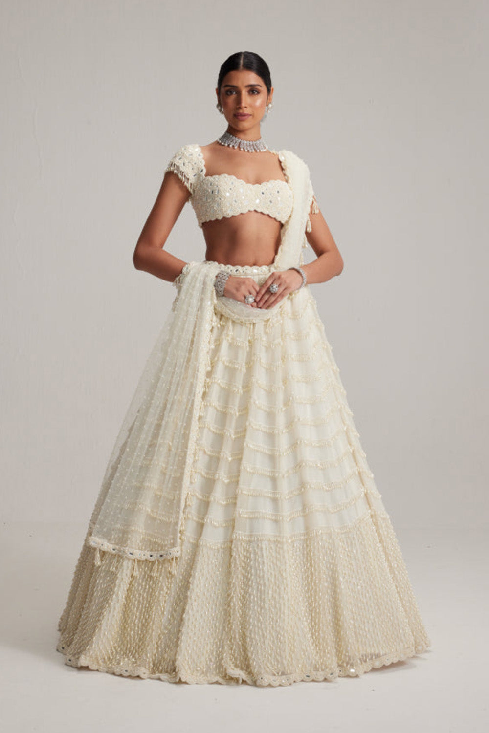 Off White Mirror and Pearl Drop Bridal lehenga set