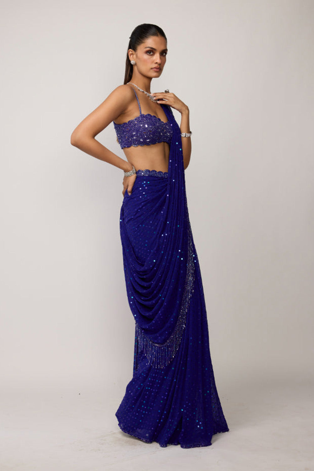 Cocktail Blue Sequins Embroidered Saree Set