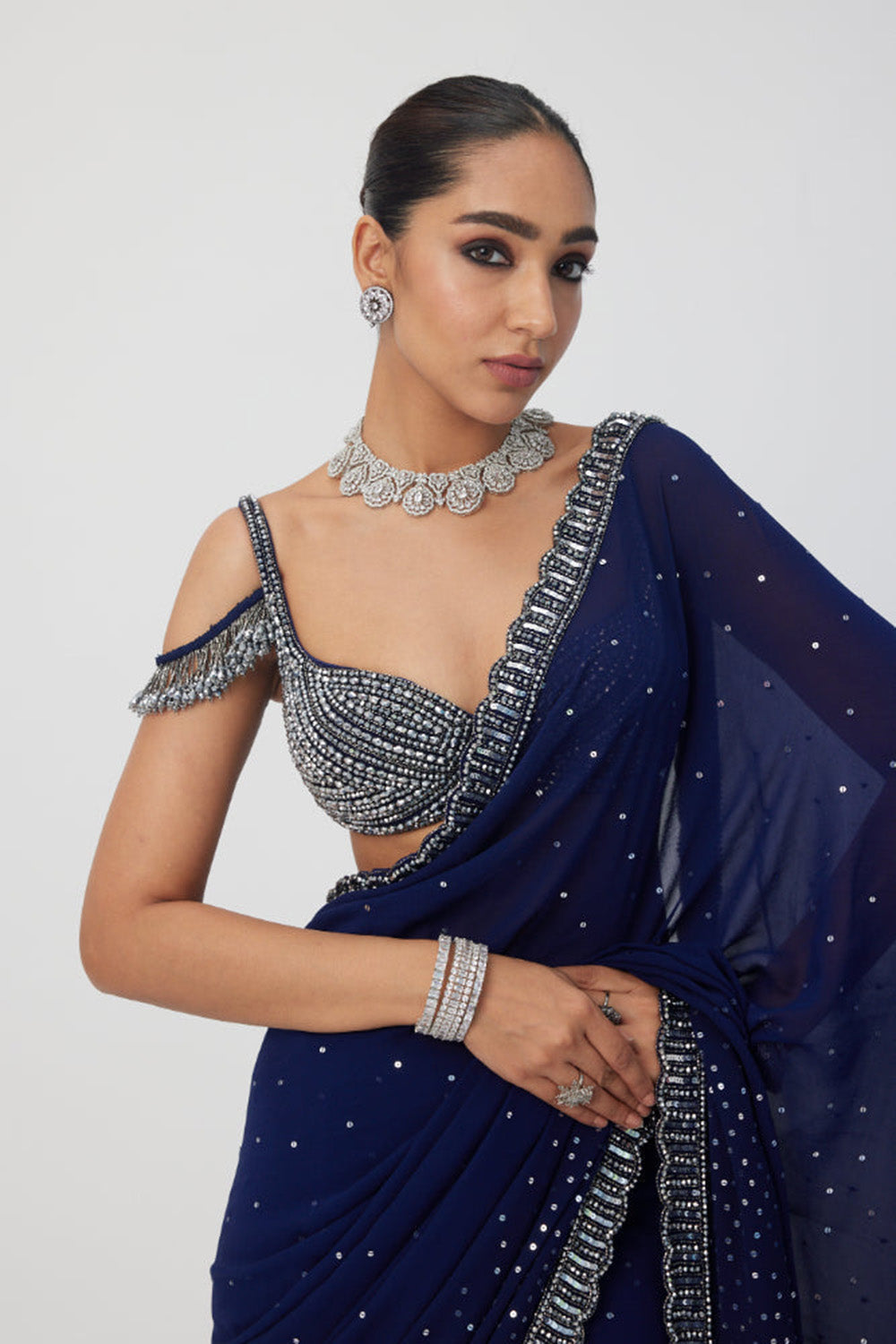 Deep Blue Sequins Embroidered Saree