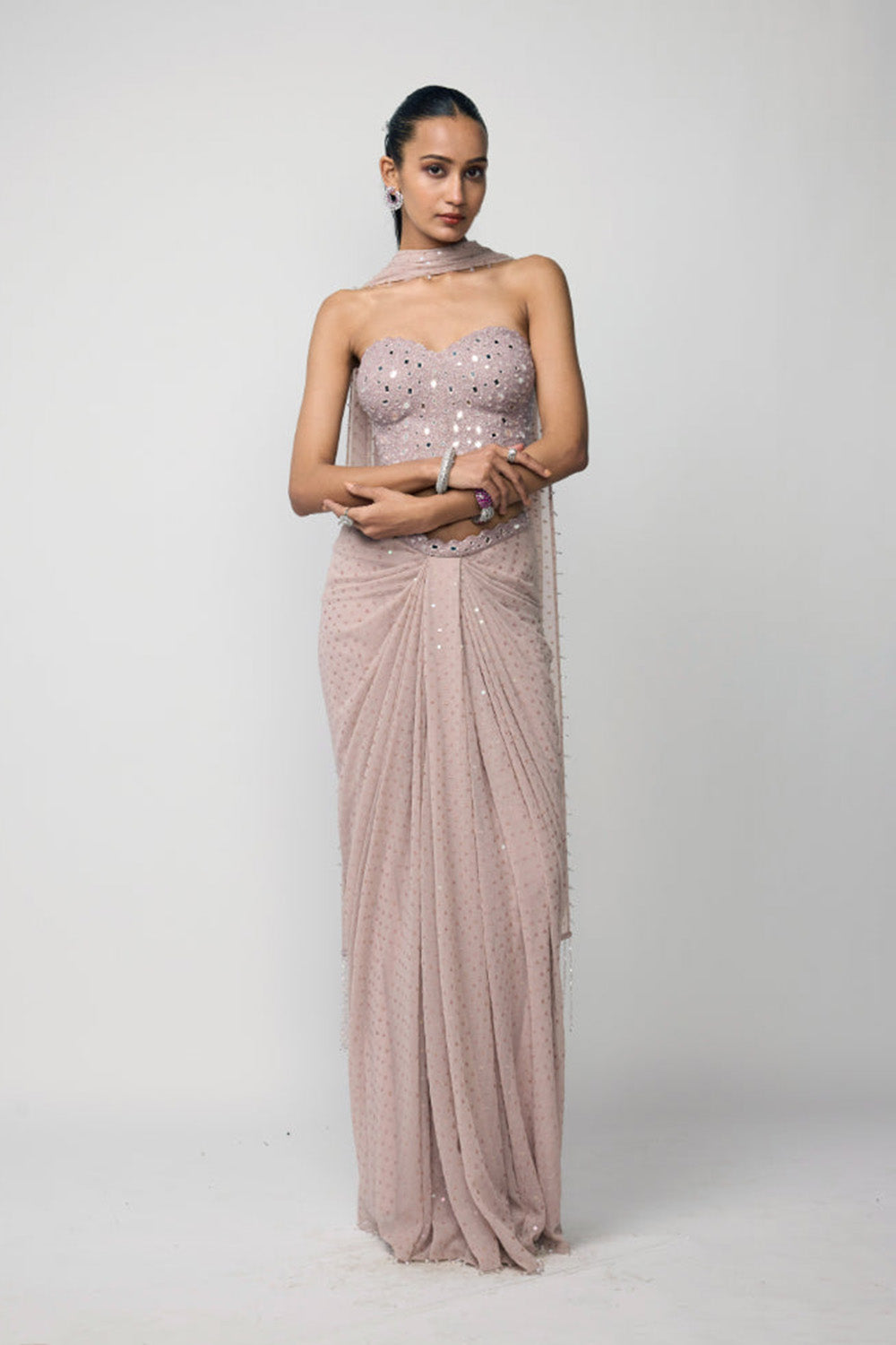 Ash Pink Draped Sequins Embroidered Skirt Set