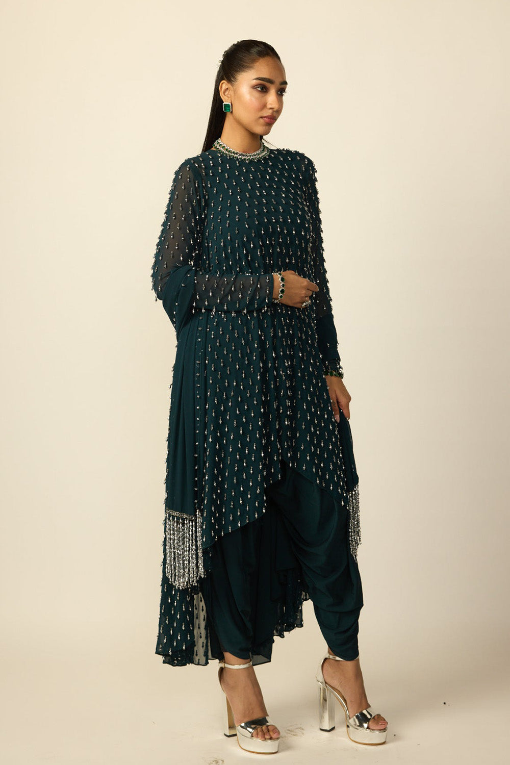 Dark Teal Silver Drop Kurta With Stole