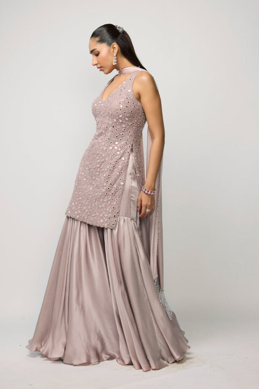 Ash Pink Satin Sharara Set