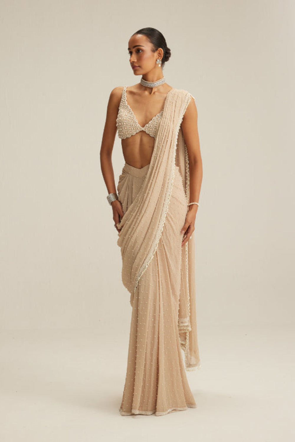 Light Beige Draped Saree Set