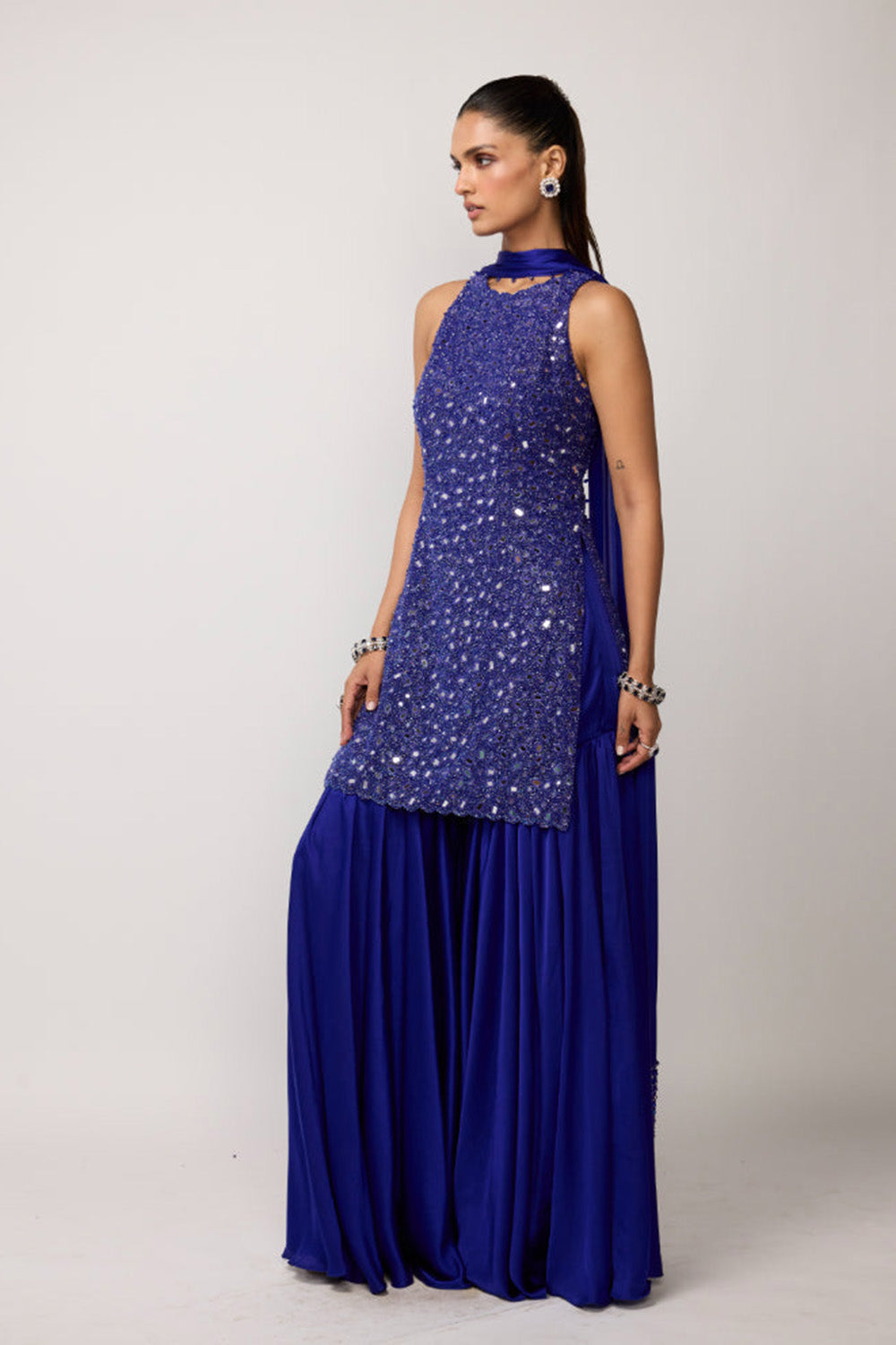 Cocktail Blue Satin Sharara Set