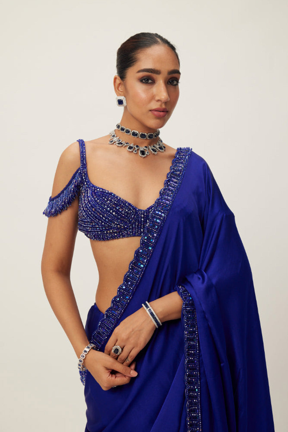 Cocktail Blue Satin Saree Set