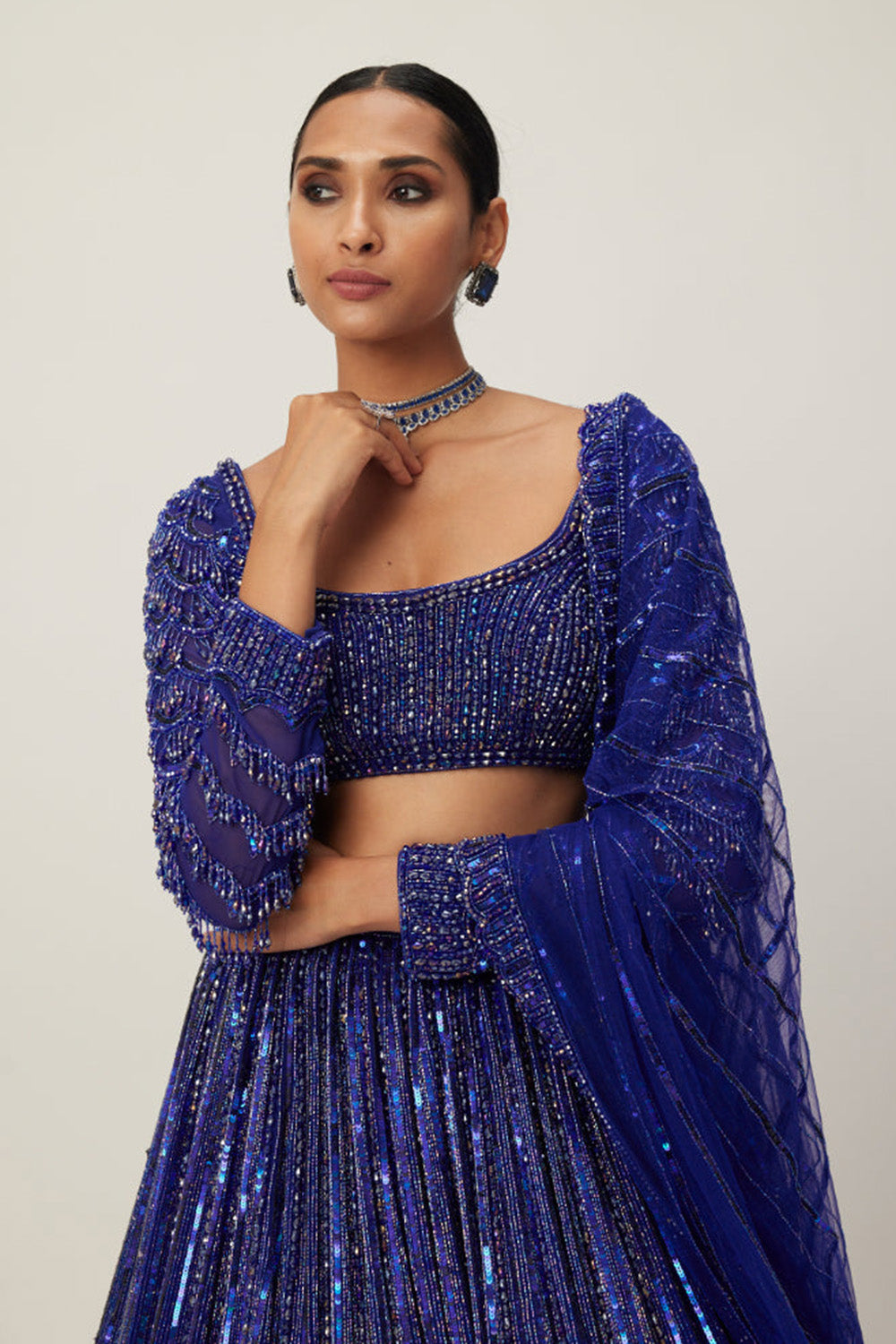 Cocktail blue Crystal linear Embroidered Lehenga Set