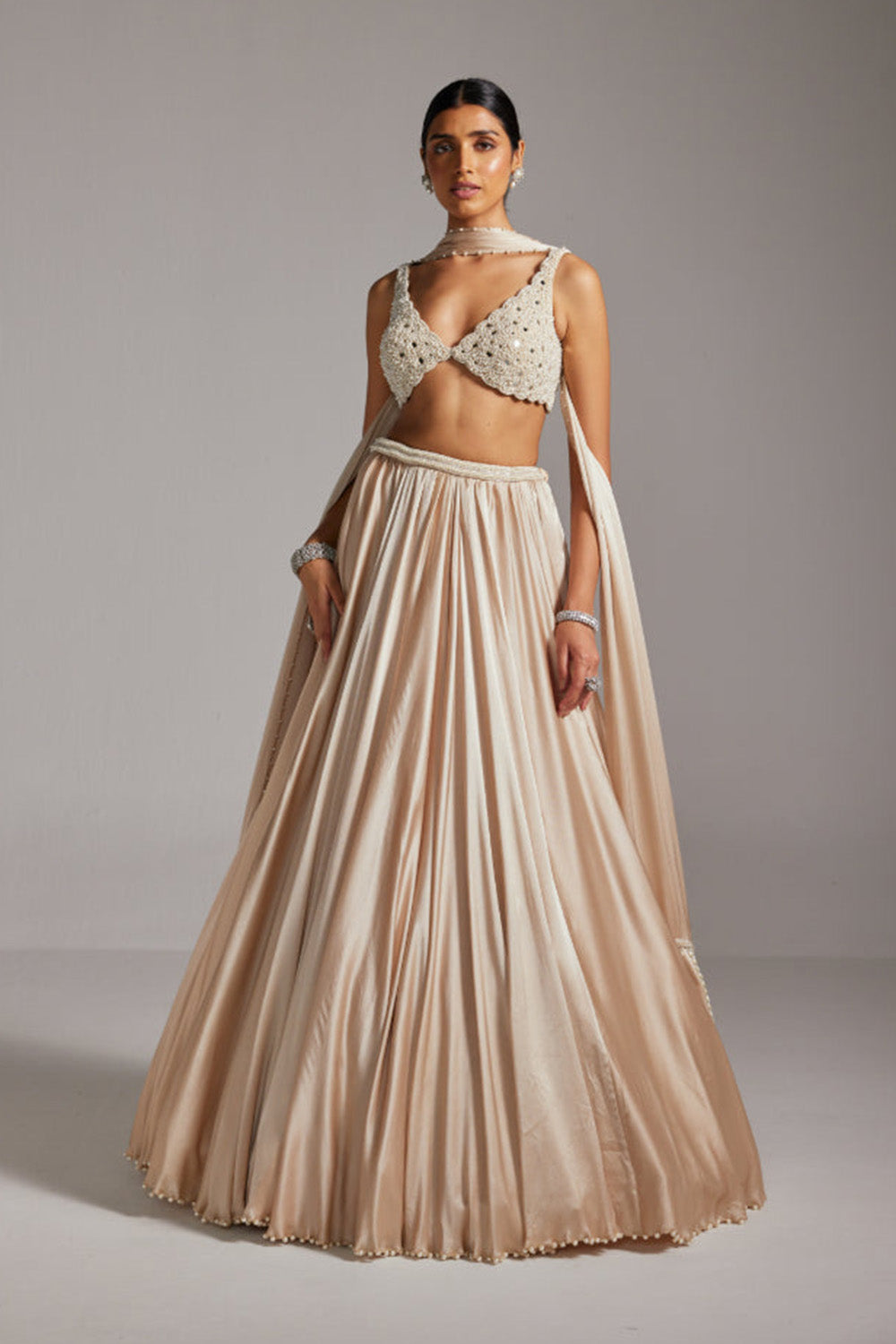 Light Beige V Neck Satin skirt Set