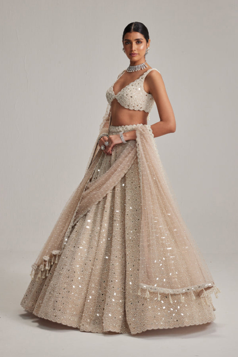 Light Beige Dense mirror and pearl lehenga set With Double Dupatta
