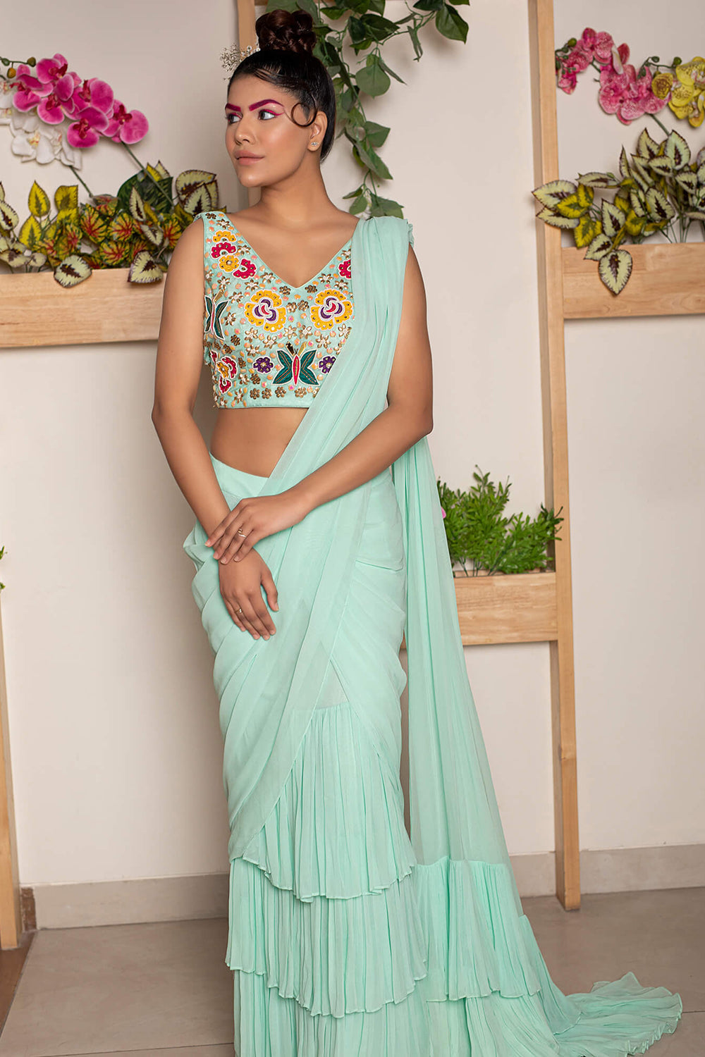 3-Layer Pre-Stitched Rouched Saree with Embroidered Blouse