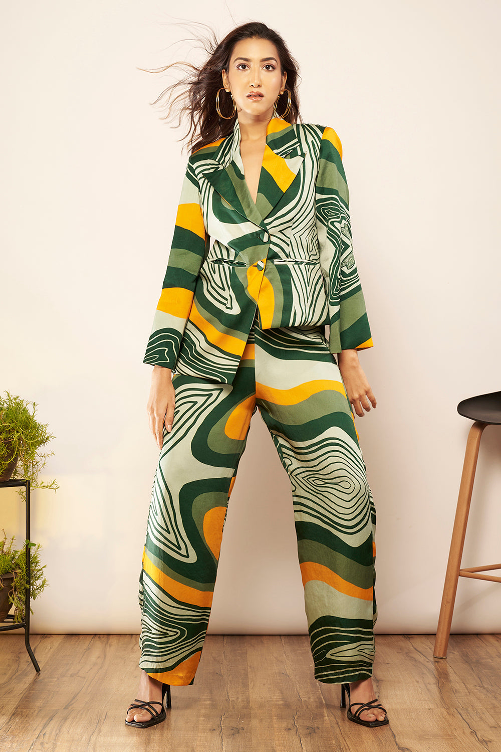 Light Green/Yellow Printed Asymmetric Blazer