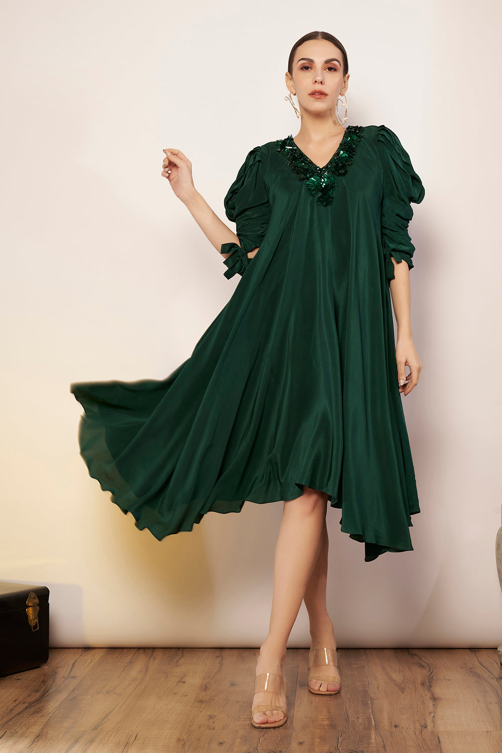 Bias Dress with Puff Sleeves