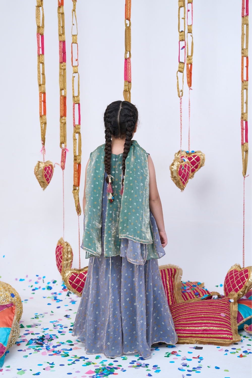 GREEN AND GREY BANDHANI SHARARA