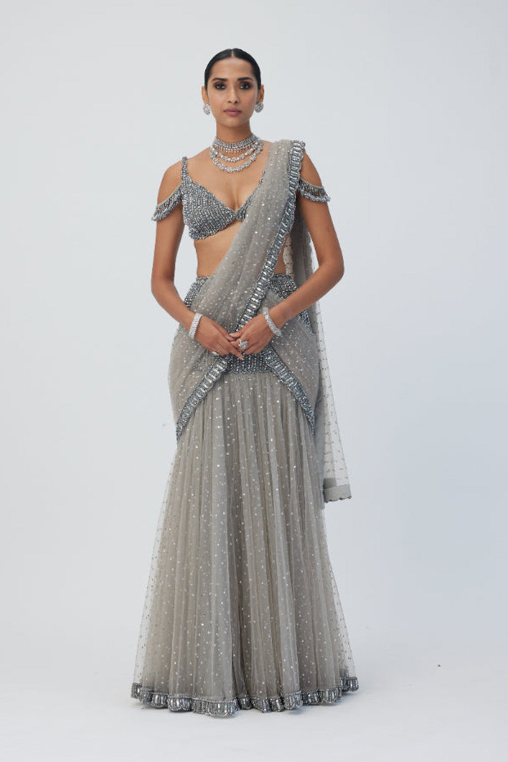 Crystal Grey Sequin Scattered Pre Draped Saree Set