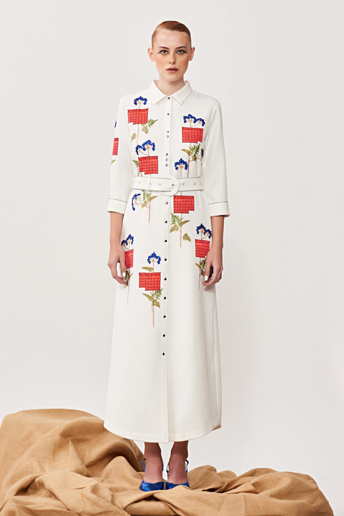 Calender Long Shirt Dress With Buckle Belt