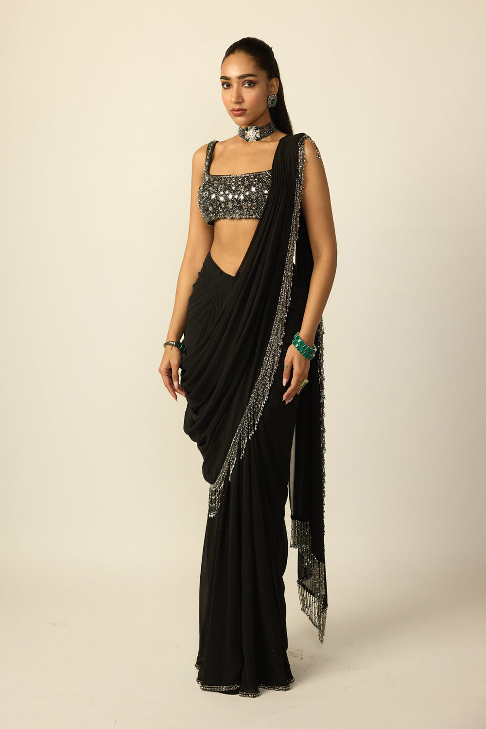 Black Georgette Tassel Saree