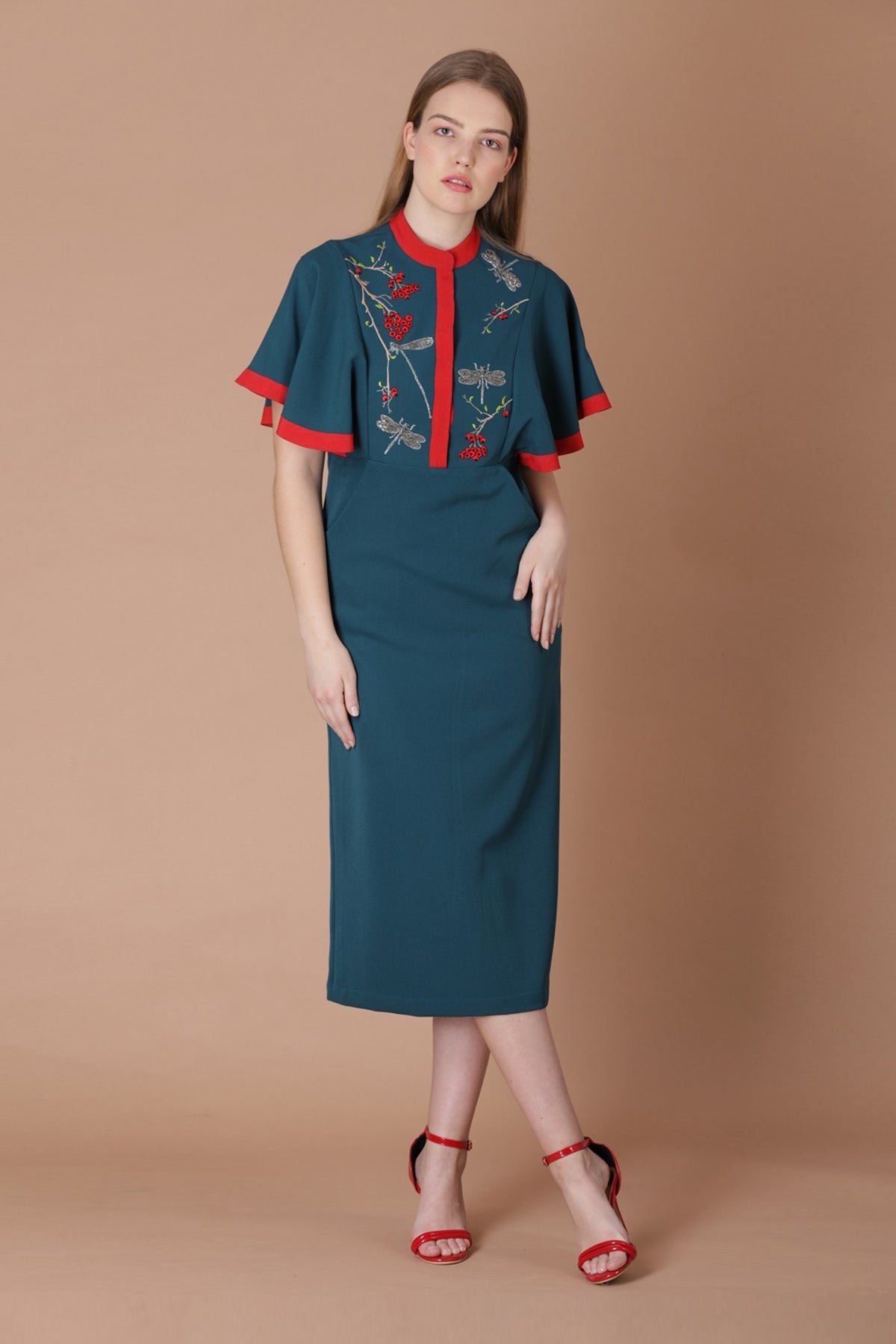 Berries And Dragonfly Frill Sleeves Dress