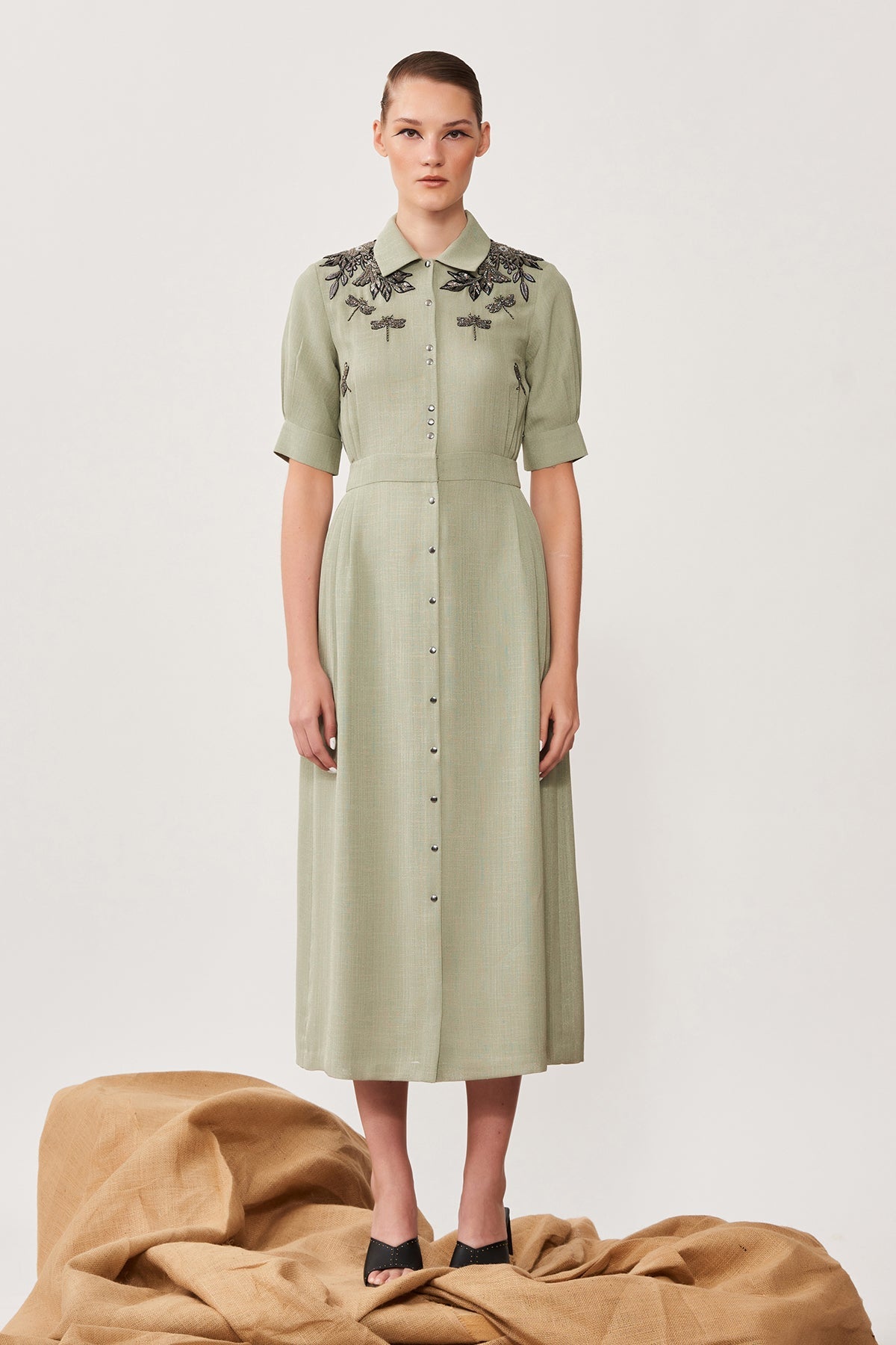 Shoulder Botany & Dragonflies Side Pleated Dress