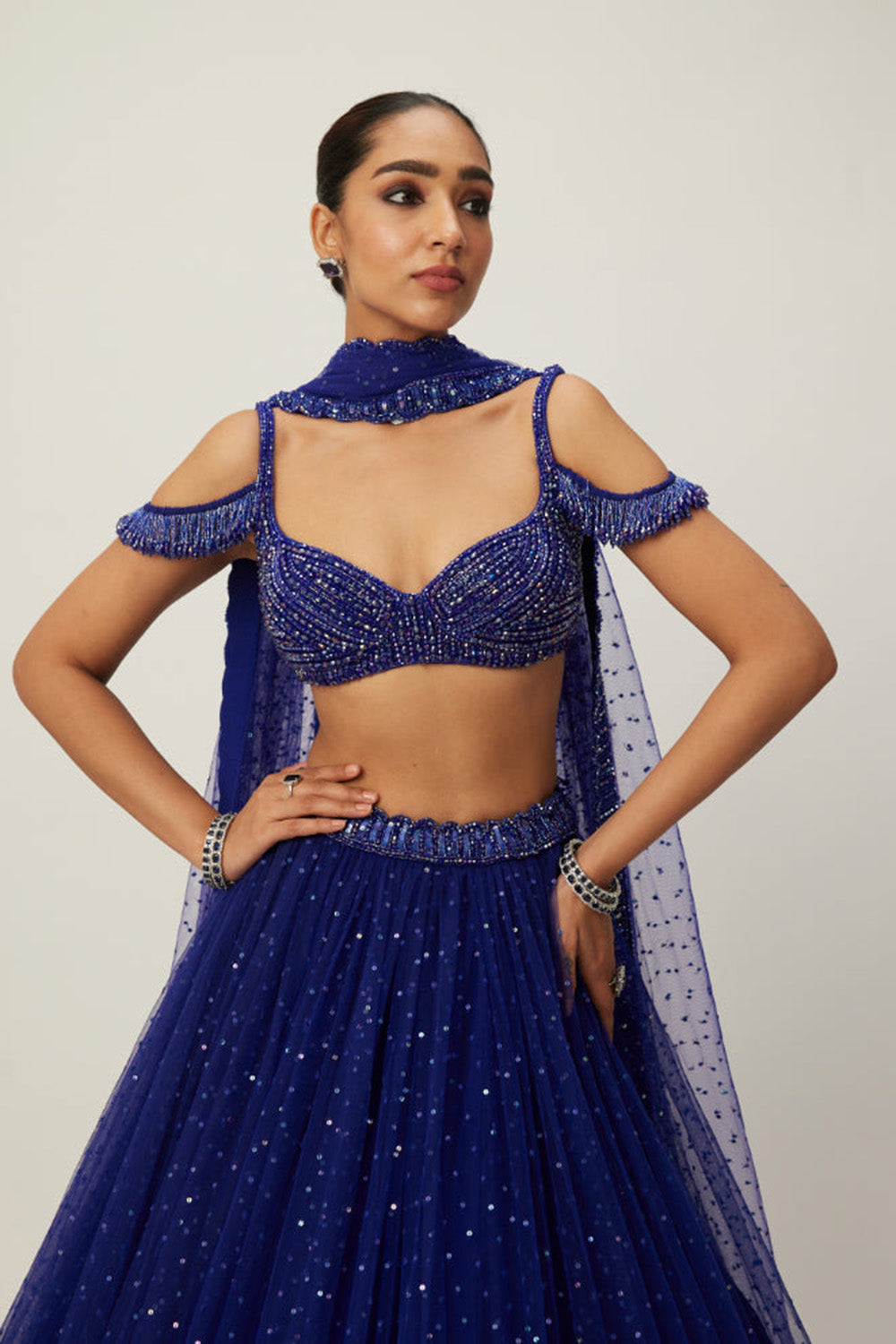 cocktail Blue Sequins Scattered Tulle Lehenga Set