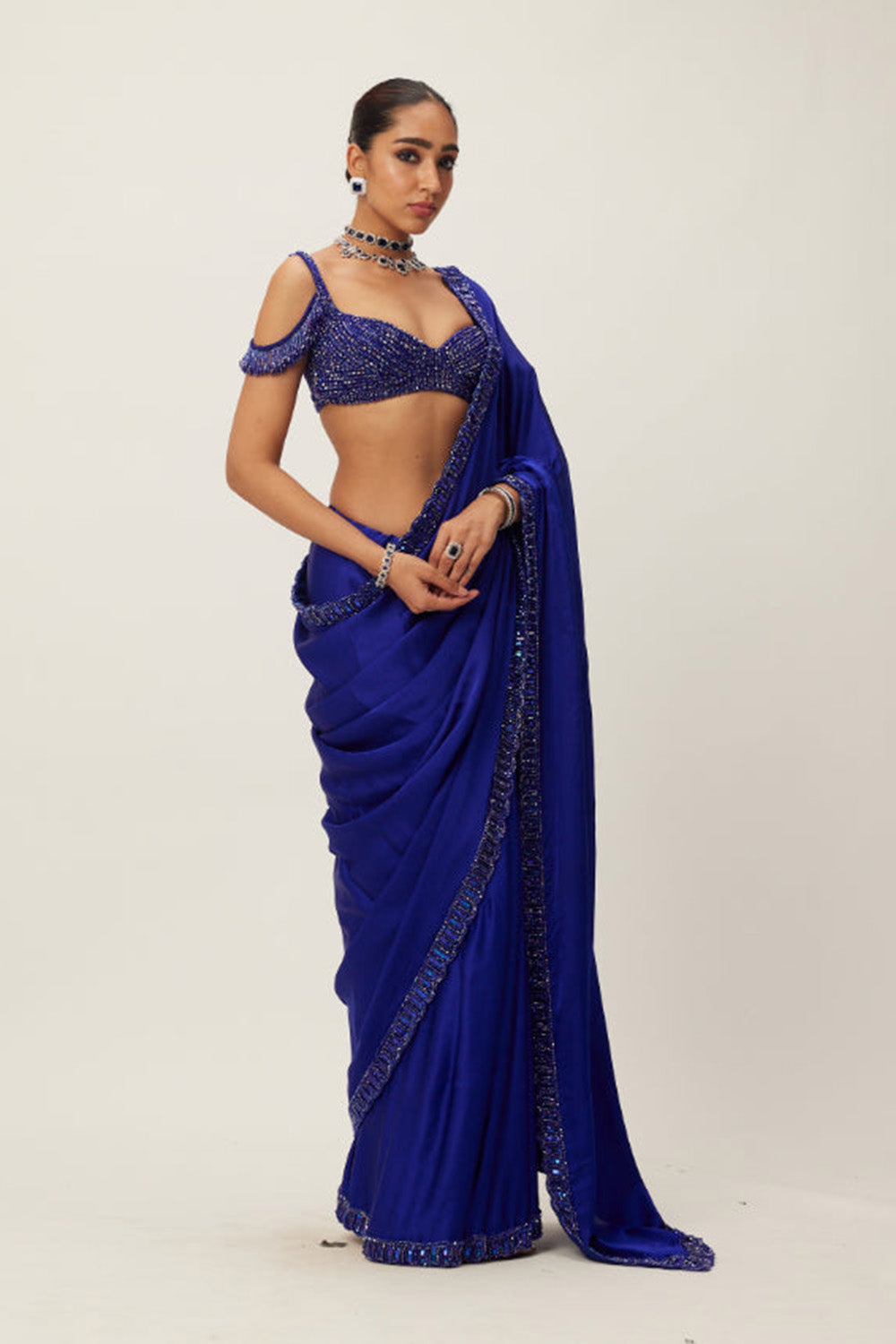 Cocktail Blue Satin Saree Set