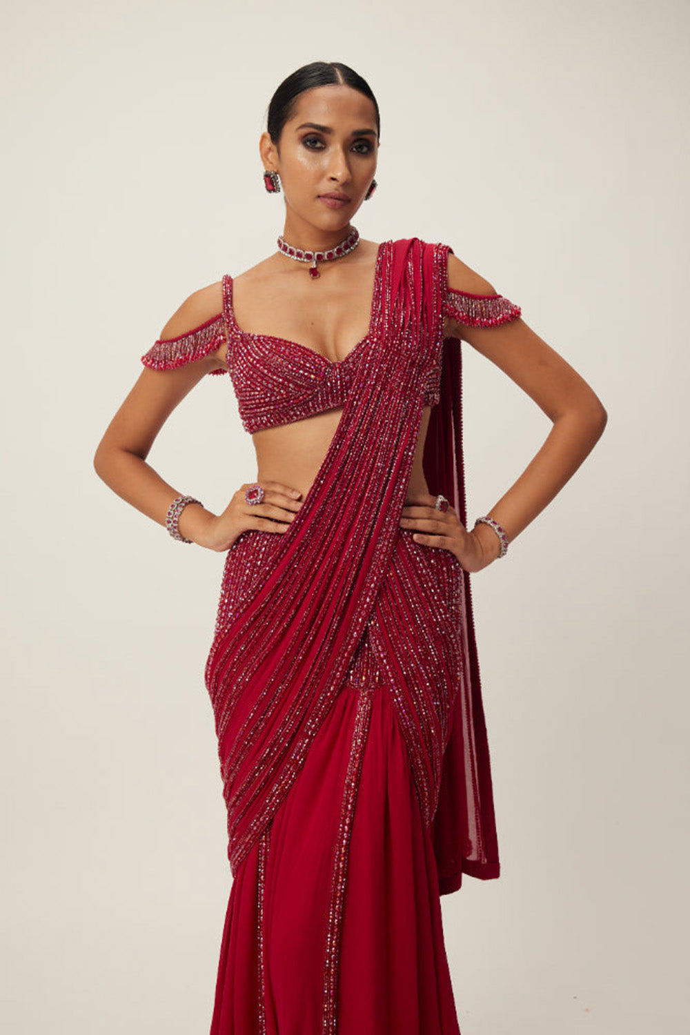 Ruby Red Pre Draped Crystal Embellished Saree Set