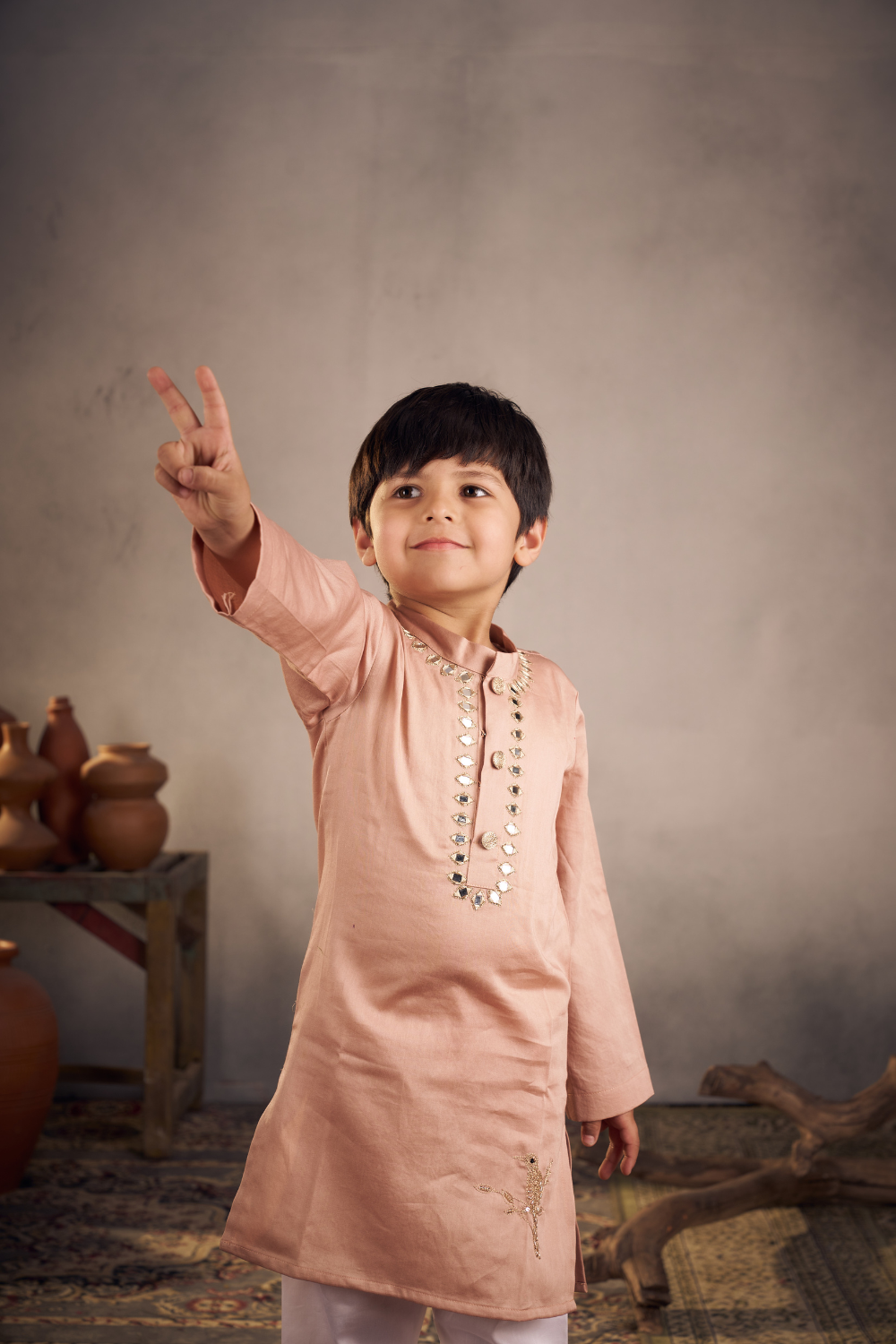 PEACH BIRD MIRROR WORK KURTA