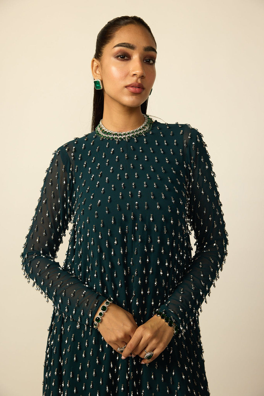Dark Teal Silver Drop Kurta With Stole