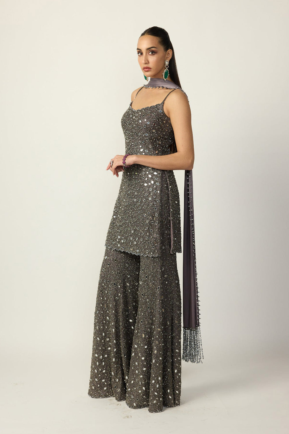 Metallic Grey Sharara With Kurta Set