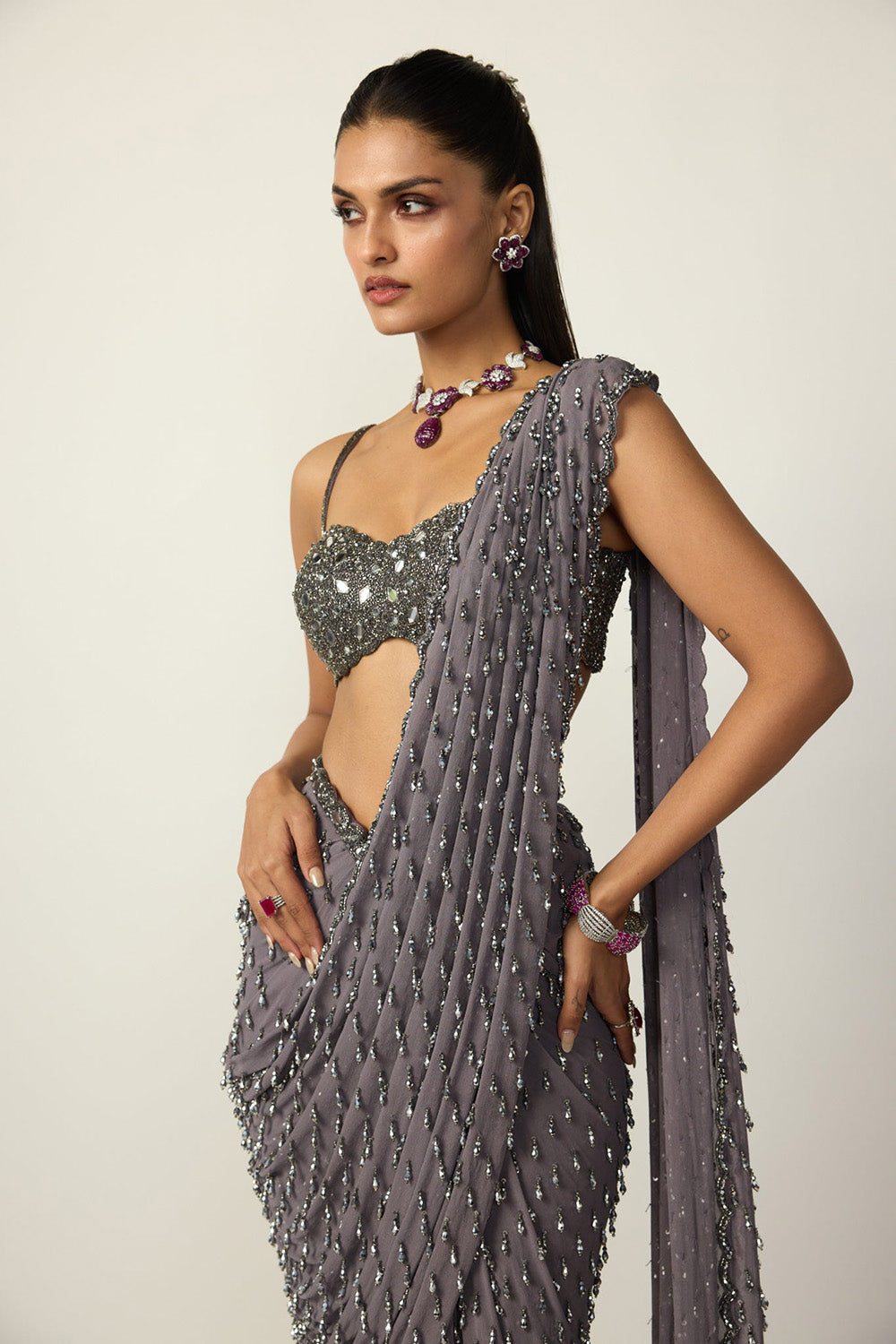 Metallic Grey Single Drop Draped Saree Set
