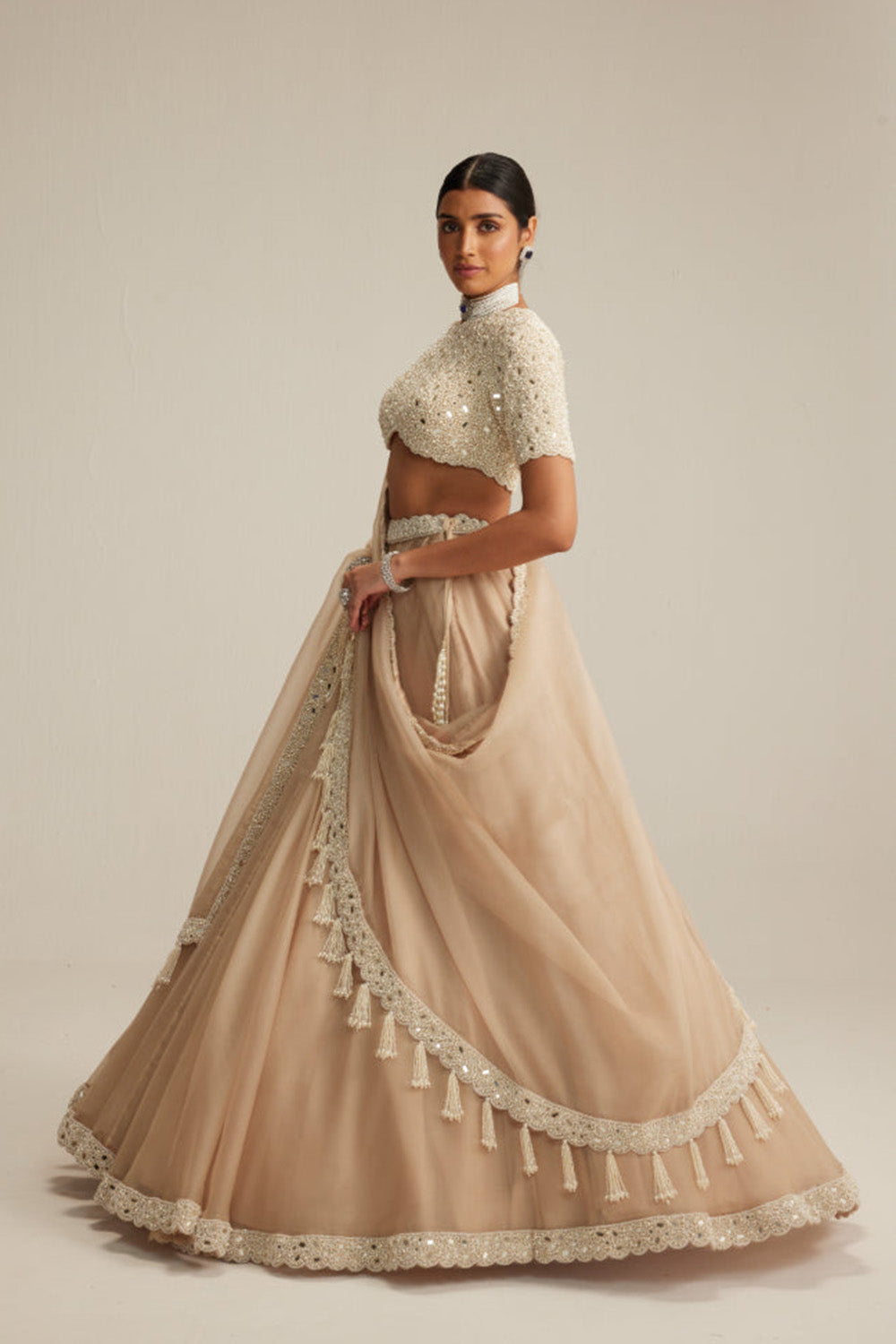 Light Beige High Neck Organza mirror and pearl lehenga set