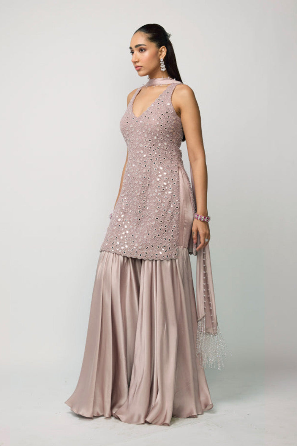 Ash Pink Satin Sharara Set