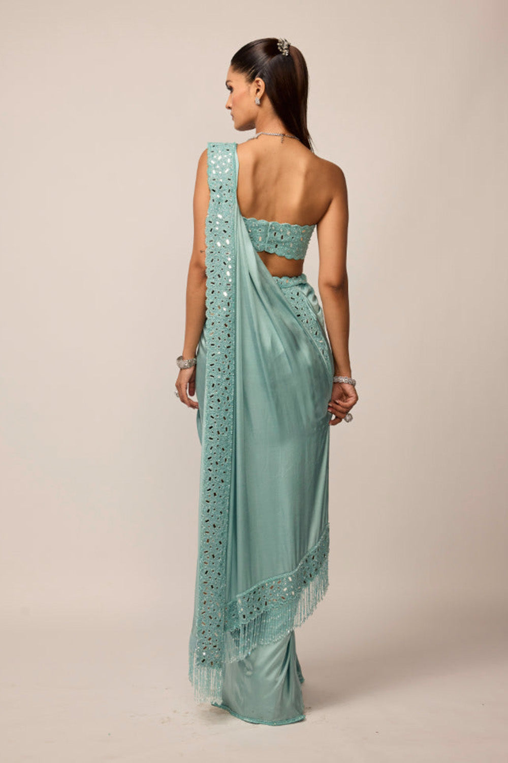 Powder Blue Satin Draped Saree Set