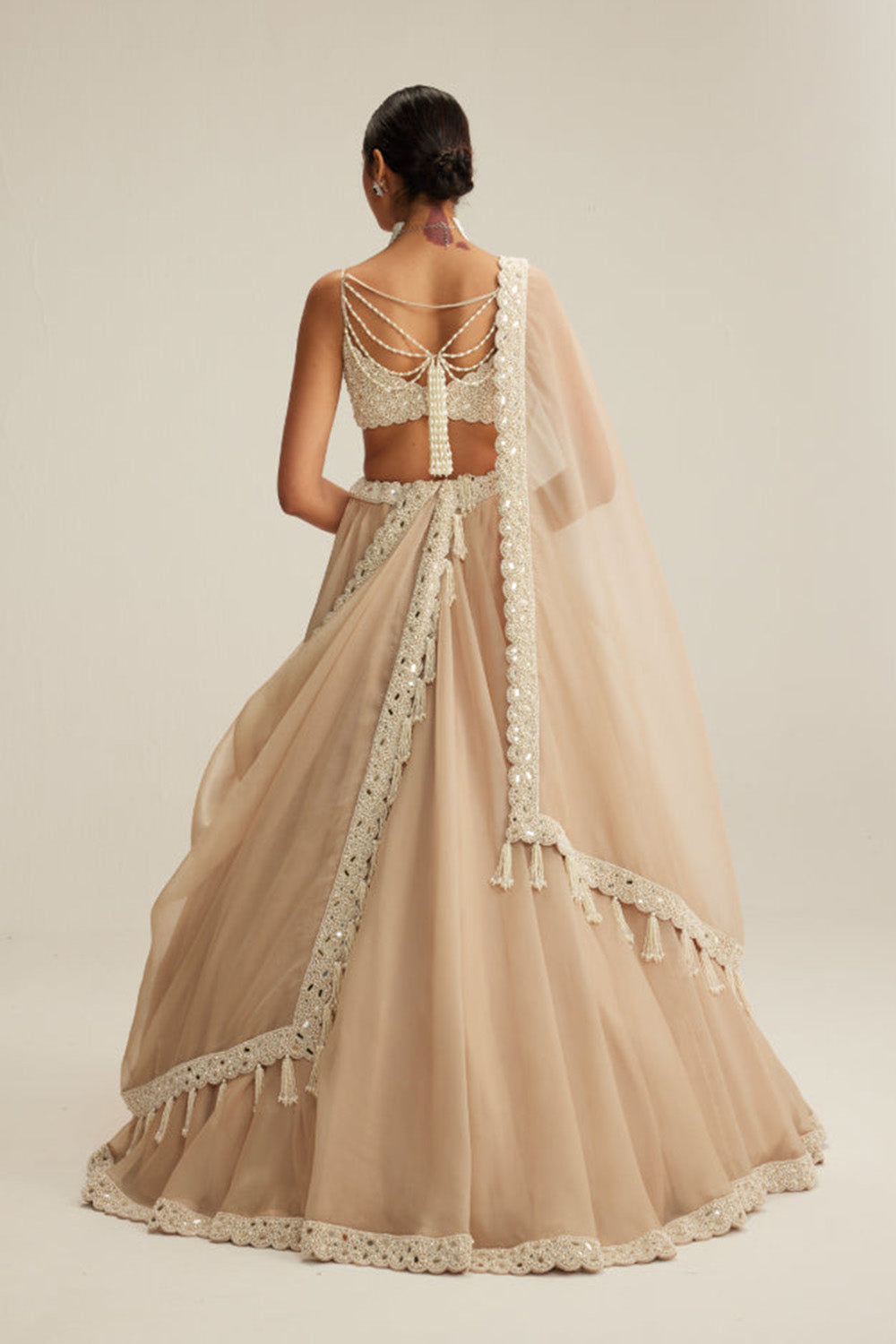 Light Beige Organza mirror and pearl lehenga set