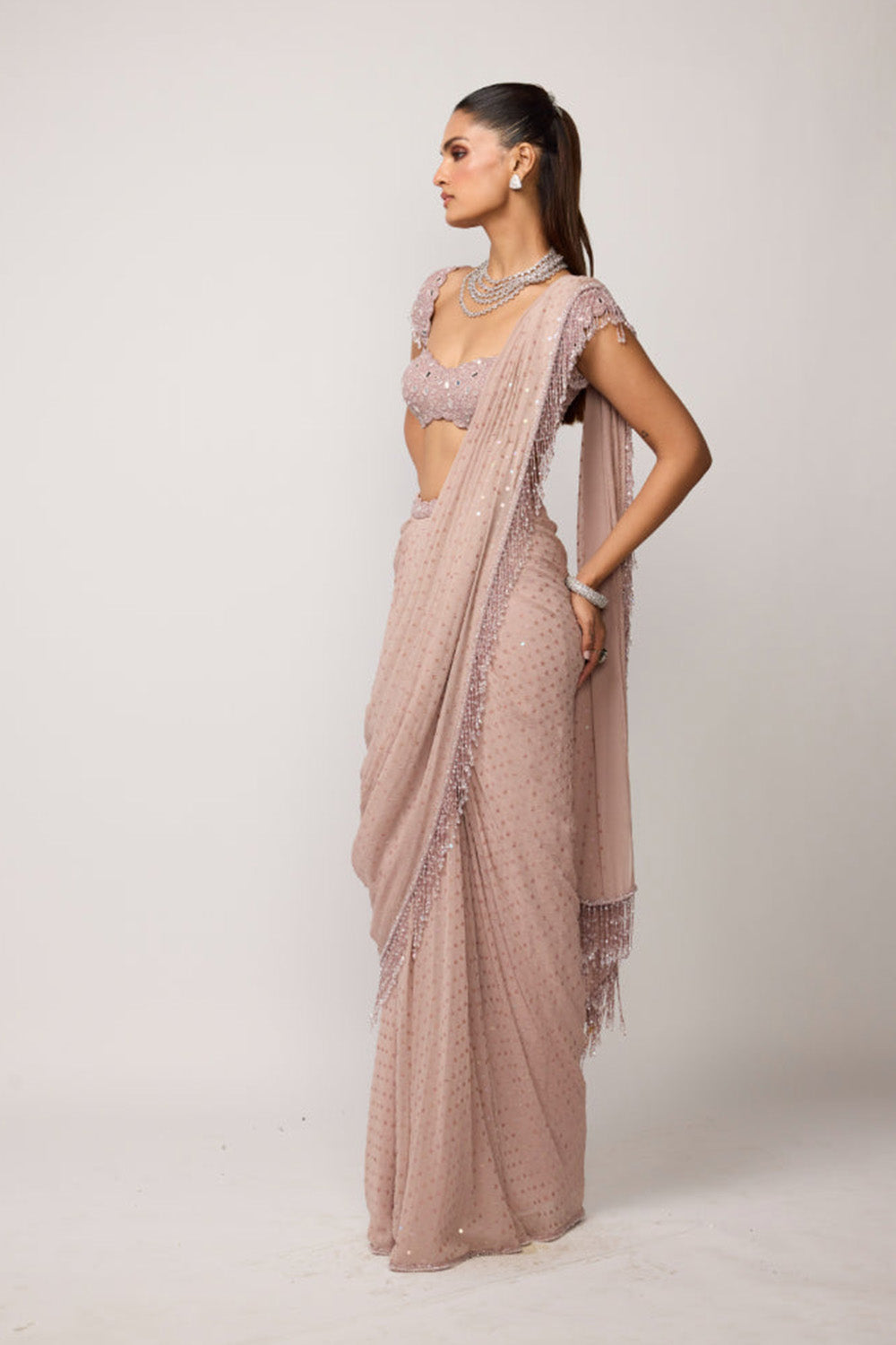 Ash Pink Drapded Saree Set