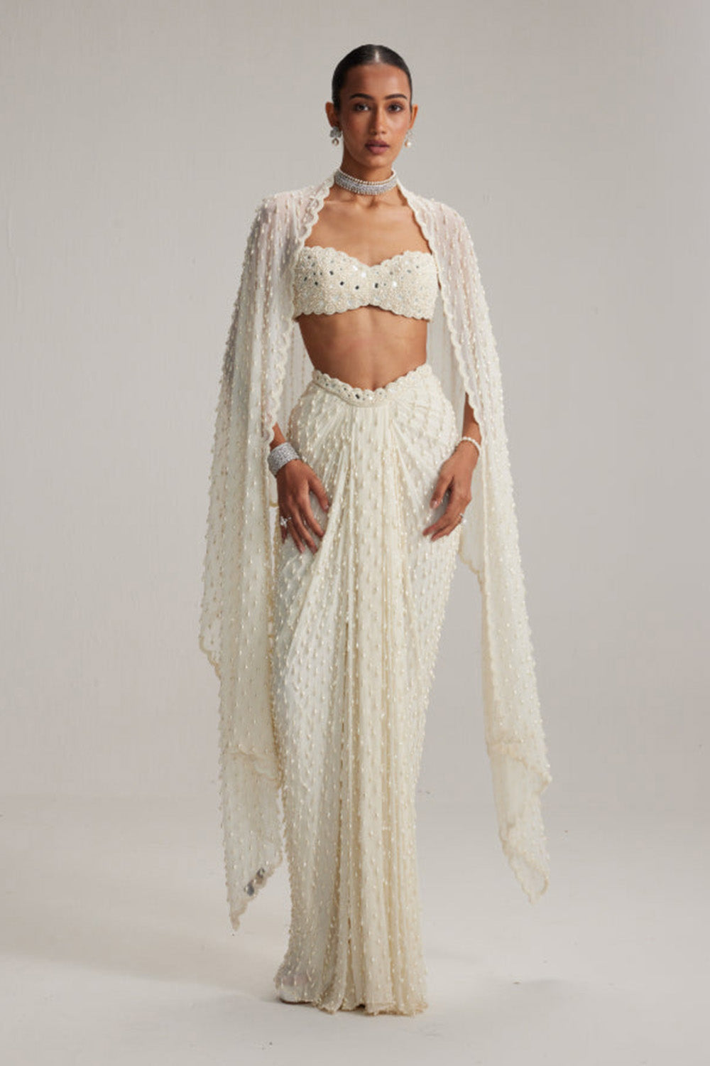 Pearl White Dense Drop Draped Skirt set